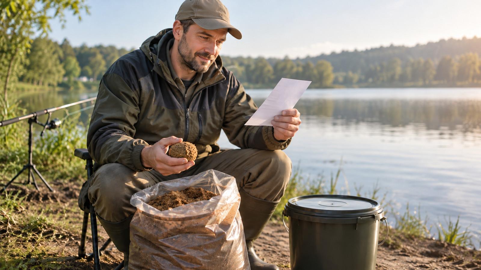 Angler am Seeufer liest den Erlaubnisschein, geschlossener Eimer mit trockenem Grundfutter neben den Füßen