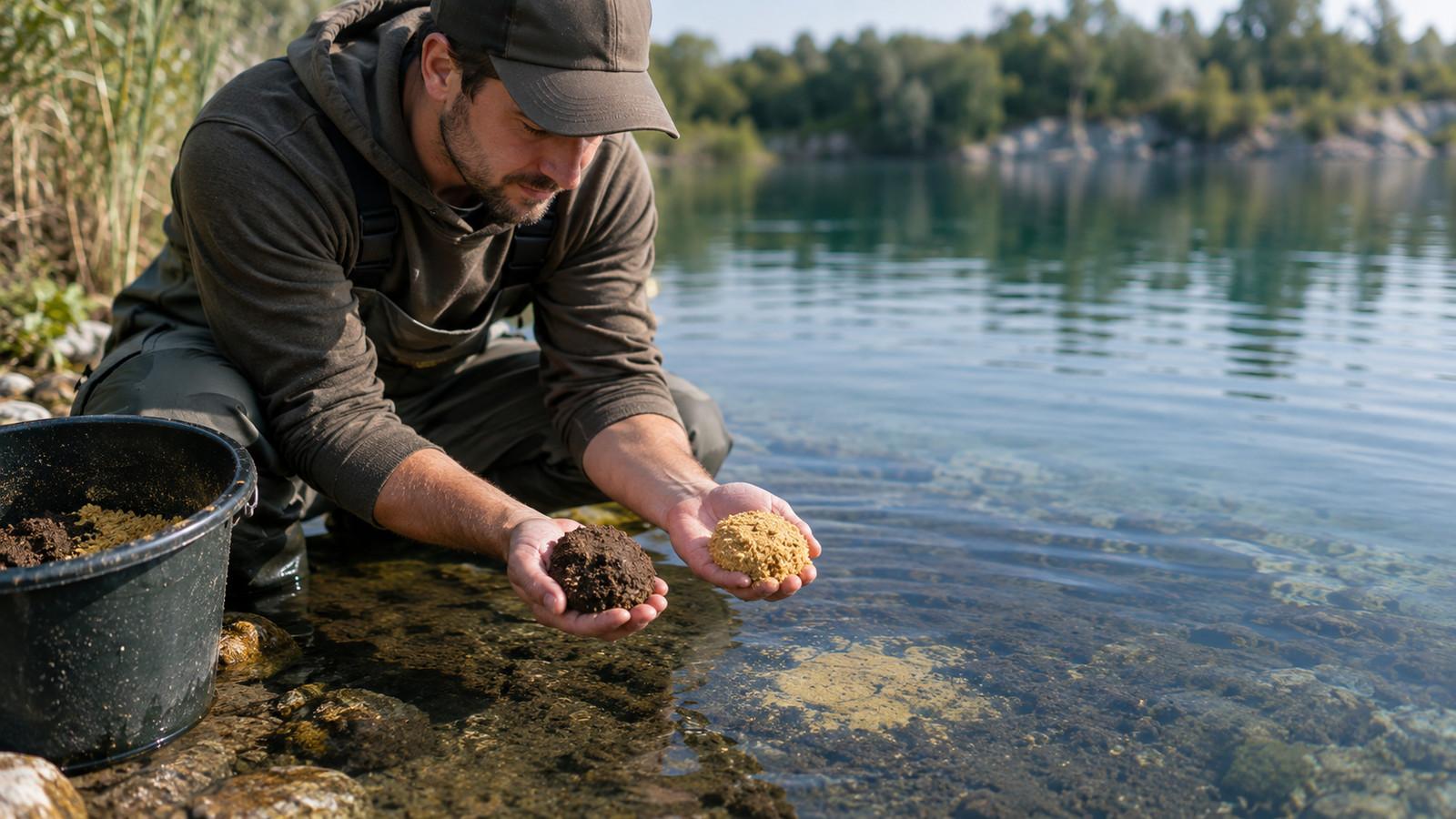 Person am klaren Ufer hält eine dunkle und eine helle Portion Grundfutter über den dunklen Boden im flachen Wasser