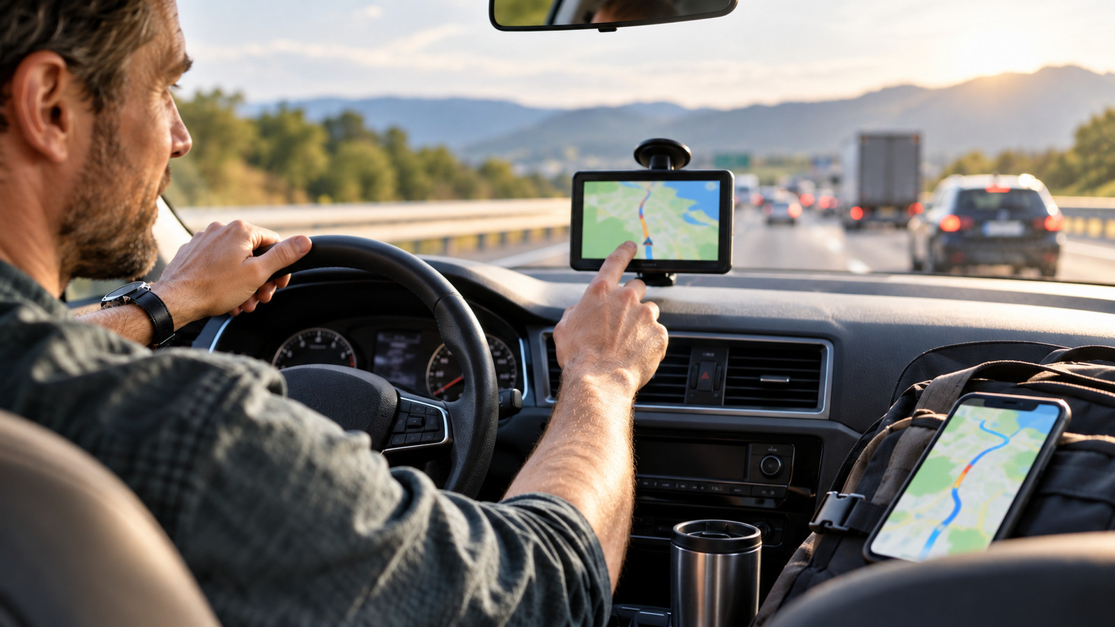 Portables Navi auf der Windschutzscheibe mit Verkehrshinweisen auf dem Display