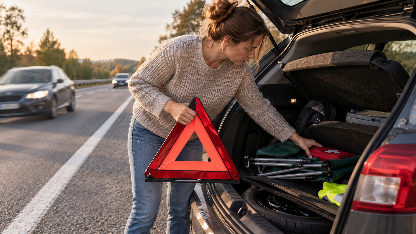Geöffnete Kofferraumöffnung mit Warnweste, Warndreieck und Verbandstasche griffbereit