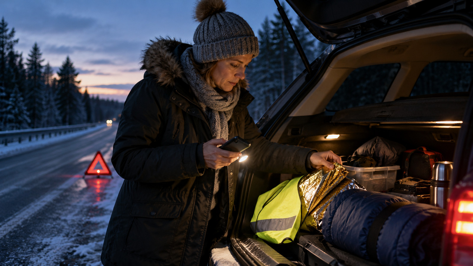 Geöffneter Kofferraum mit Winter-Notfallausstattung: Warnweste, Rettungsdecke und Schlafsack bei Frost