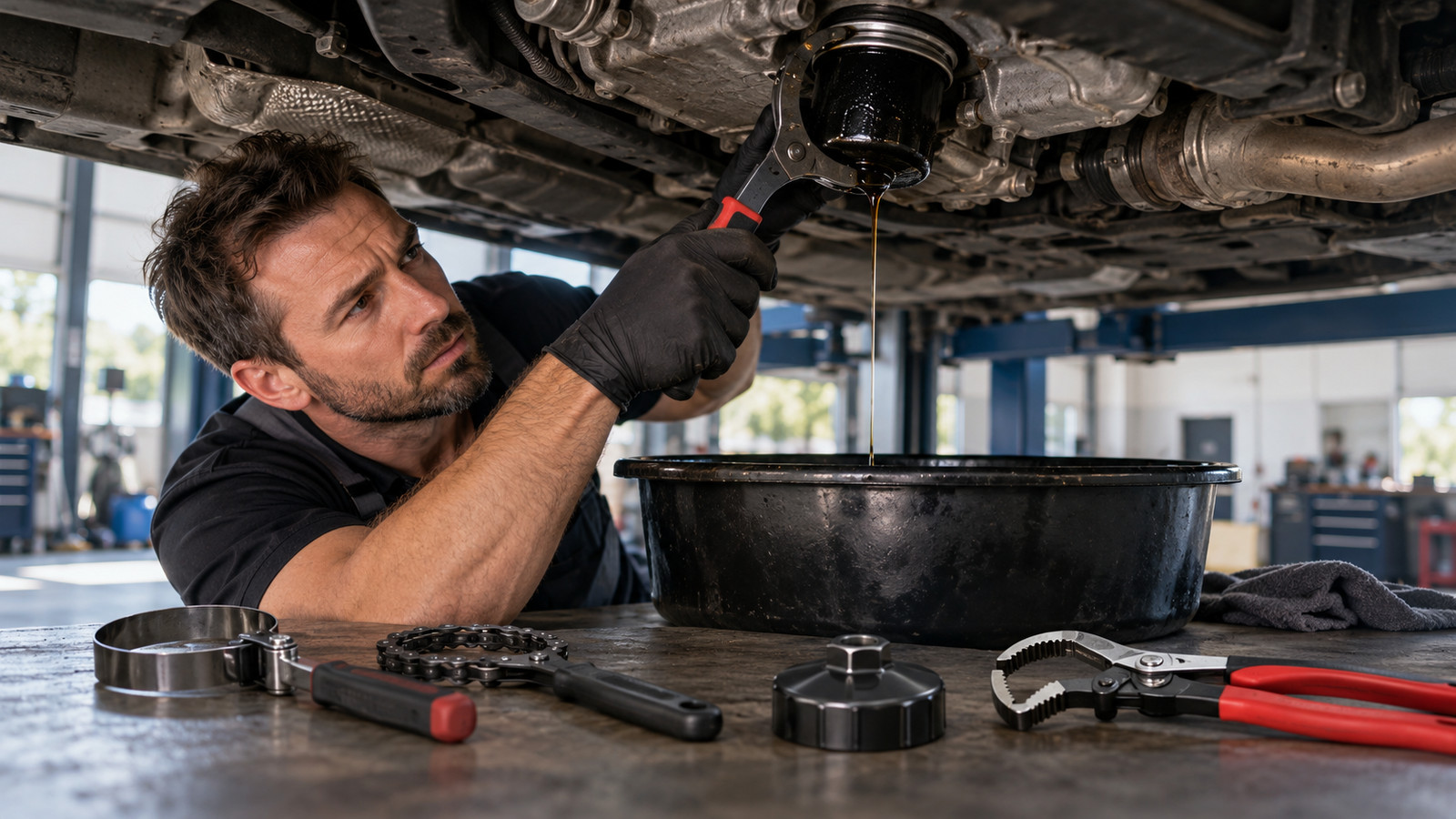 Ölfilterschlüssel und Auffangwanne am Motorblock beim Ölfilterwechsel