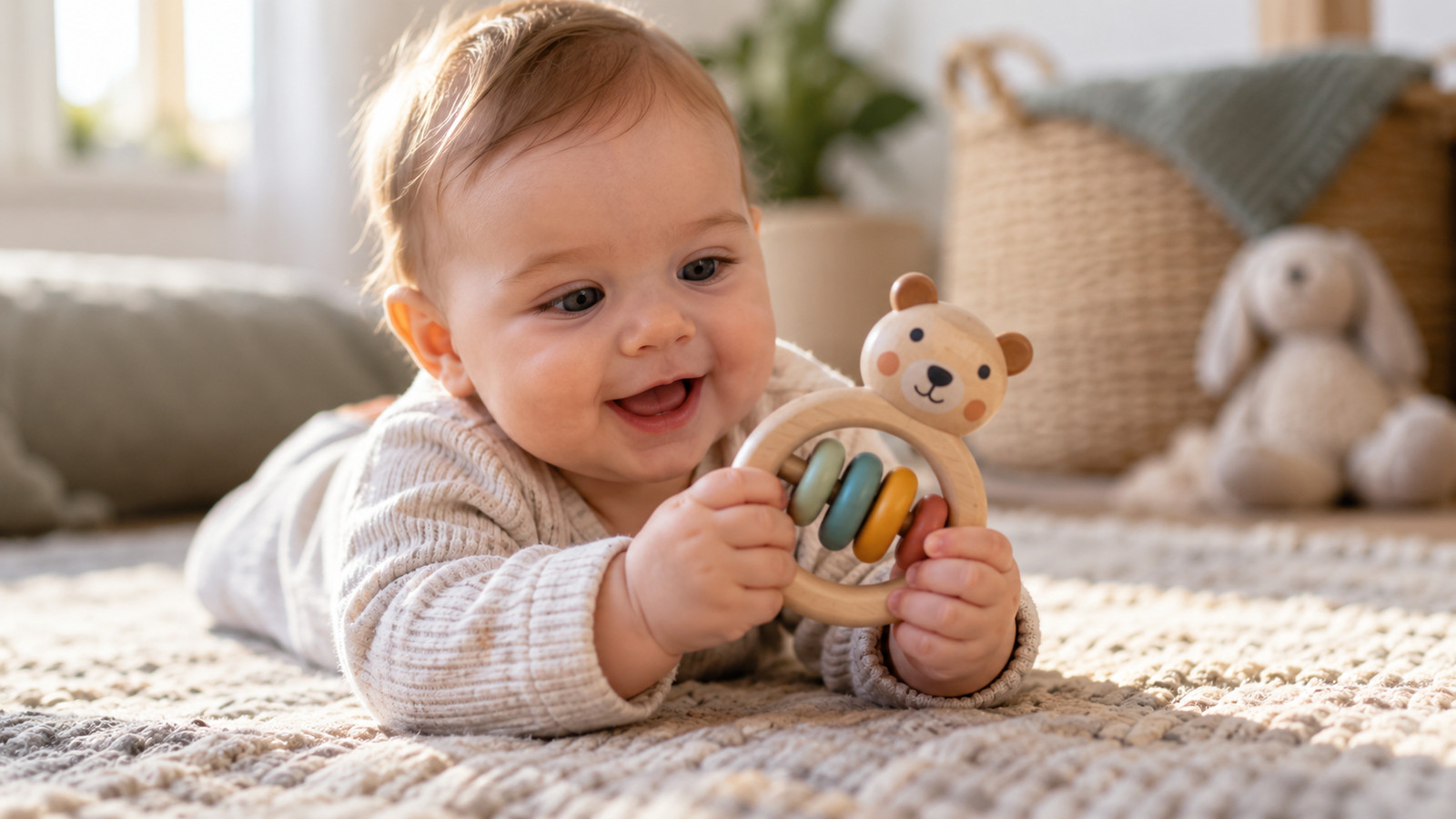 Babyhände halten eine gut greifbare Babyrassel