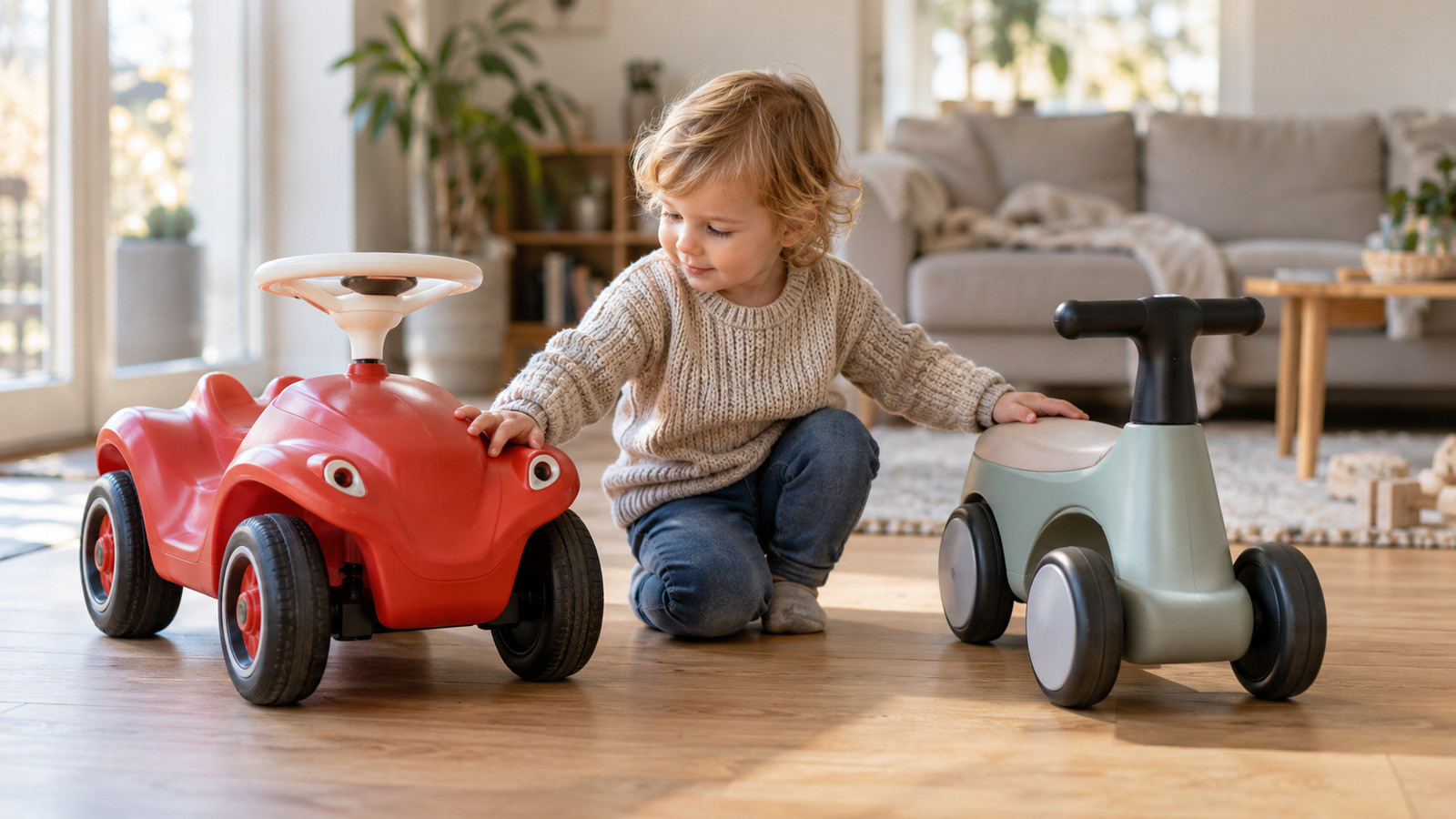 Kleinkind zwischen Bobby-Car und Rutschauto