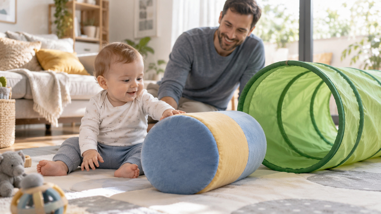 Baby mit Krabbelrolle vor einem Krabbeltunnel