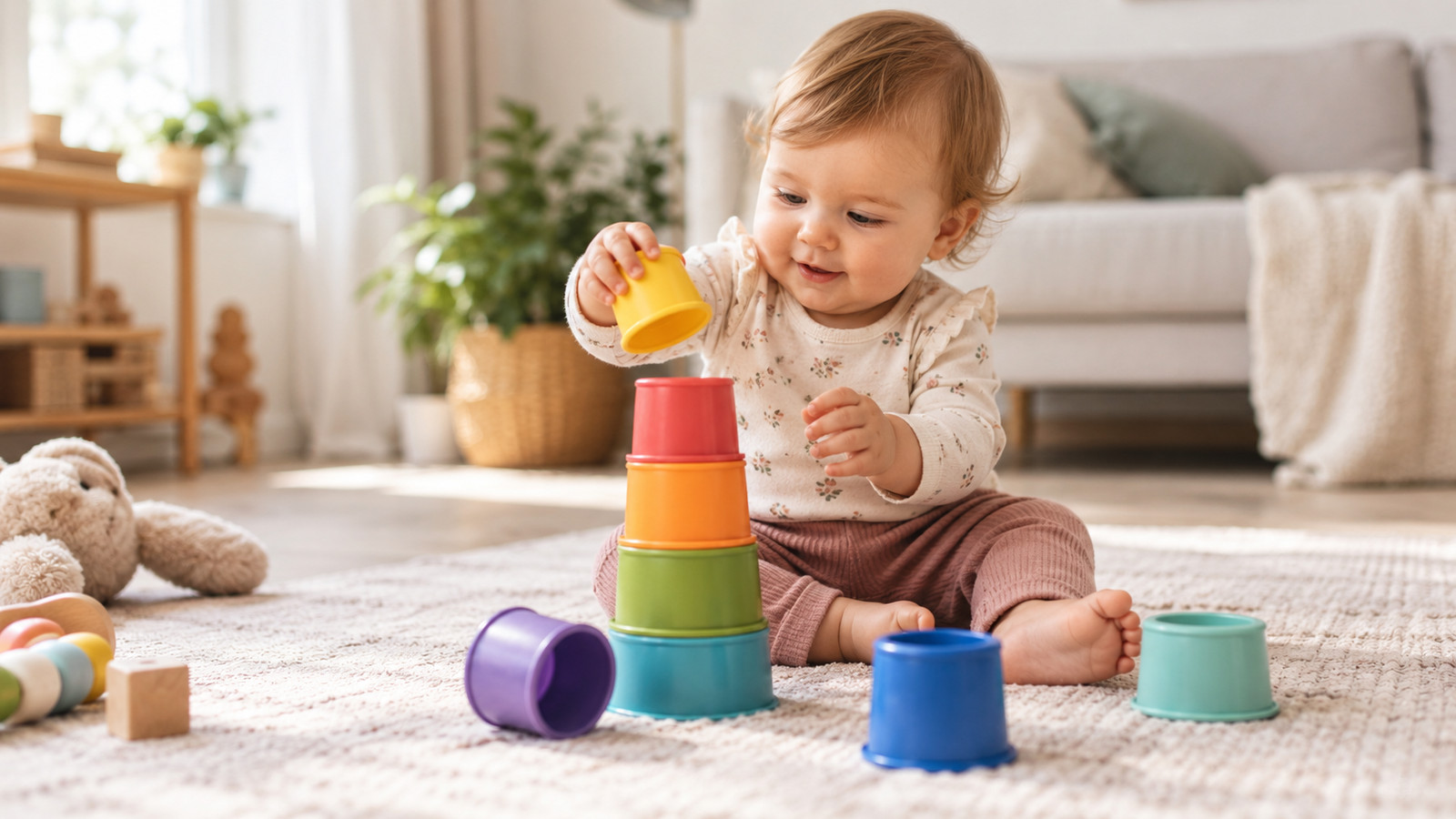 Baby spielt auf dem Boden mit bunten Stapelbechern