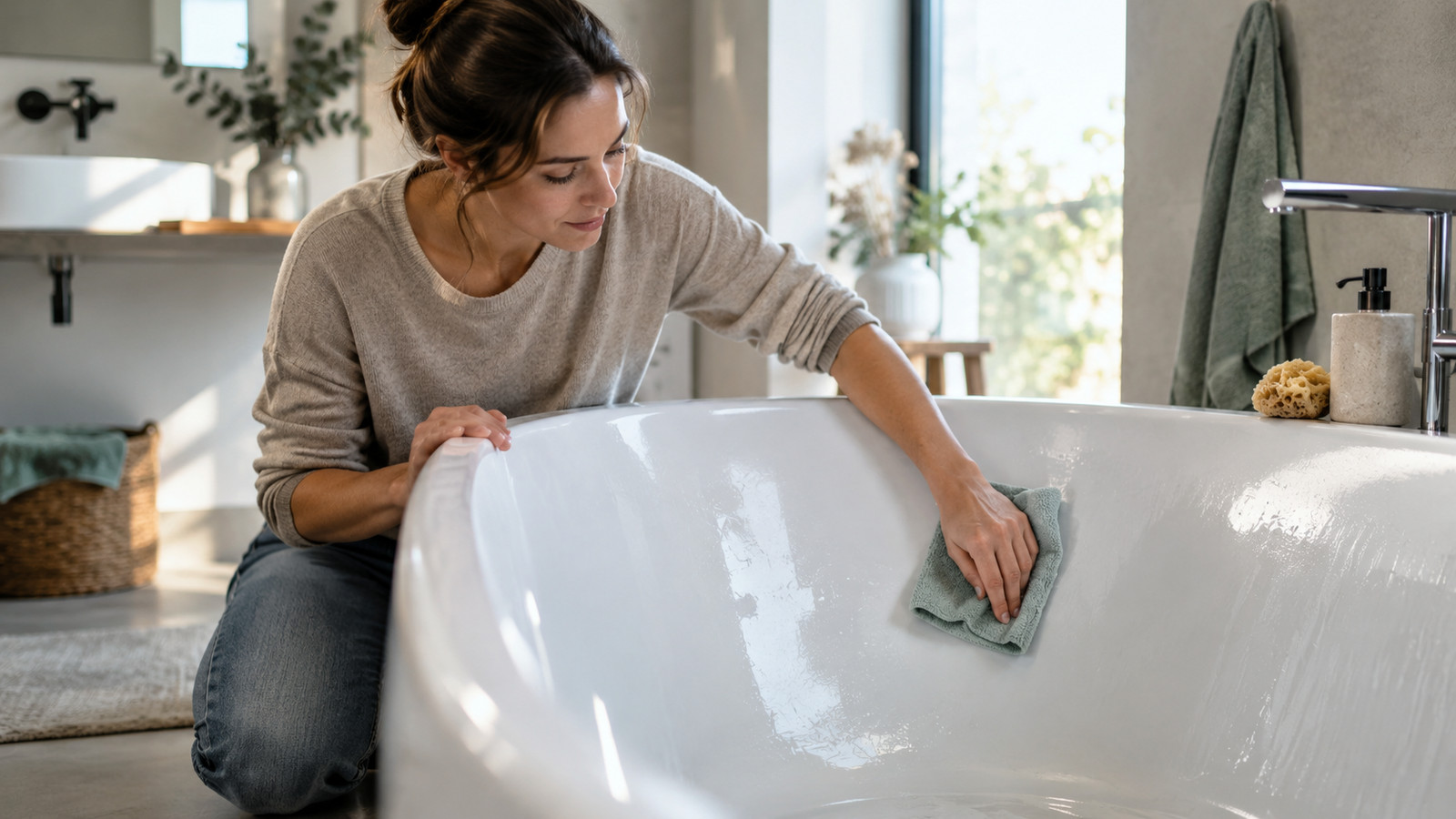 Matte und glänzende Stellen an einer Acryl-Badewanne beim Reinigen mit Mikrofasertuch