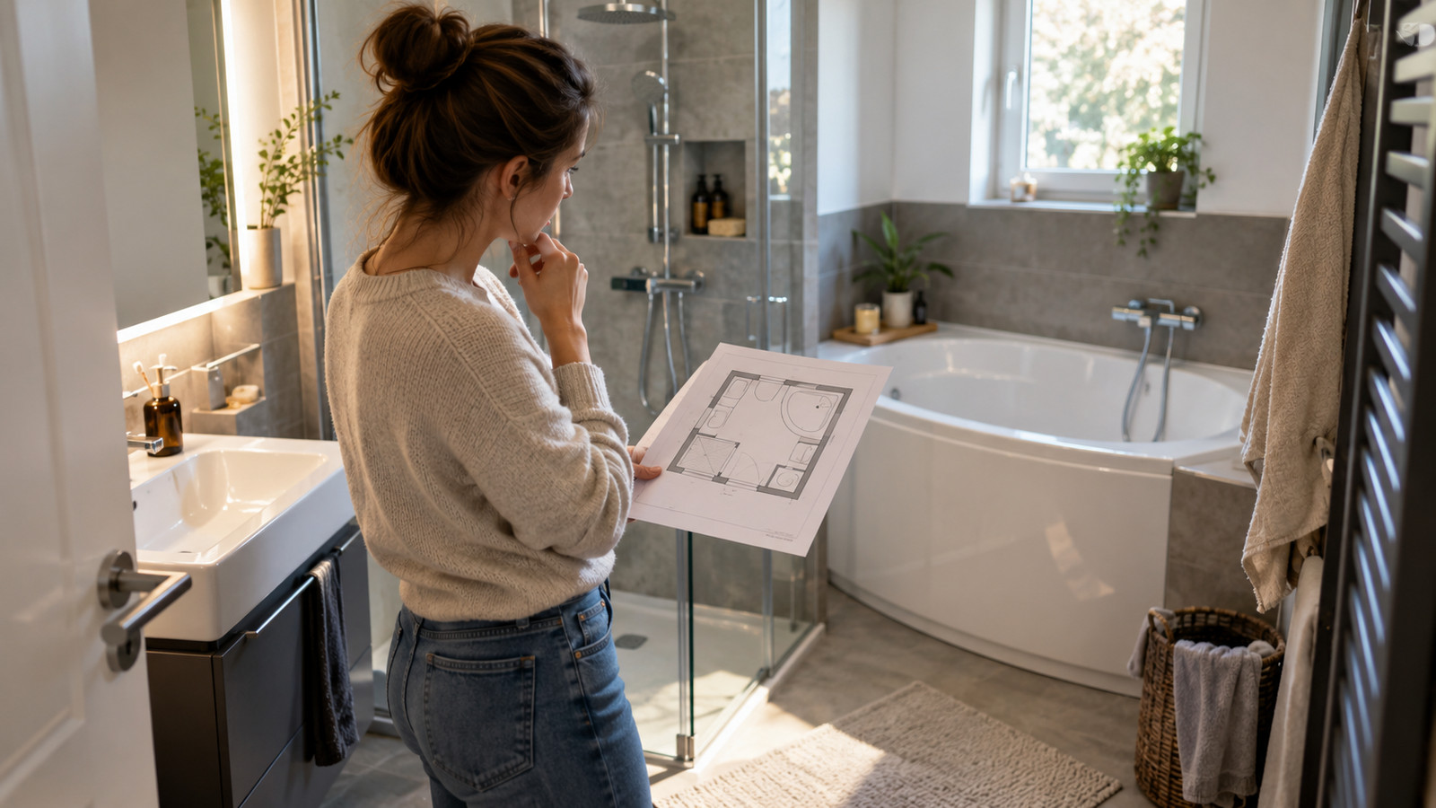Eckbadewanne in kleiner Badecke mit freiem Einstieg und skizziertem Grundriss