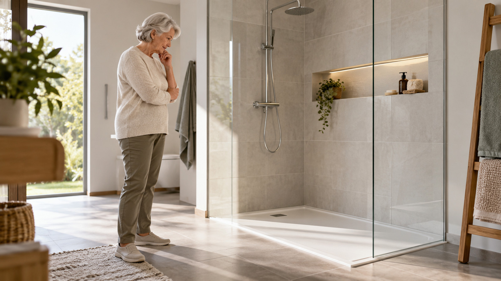 Bodennahe Dusche im Privatbad mit niedriger Einstiegsschwelle und freier Bewegungsfläche