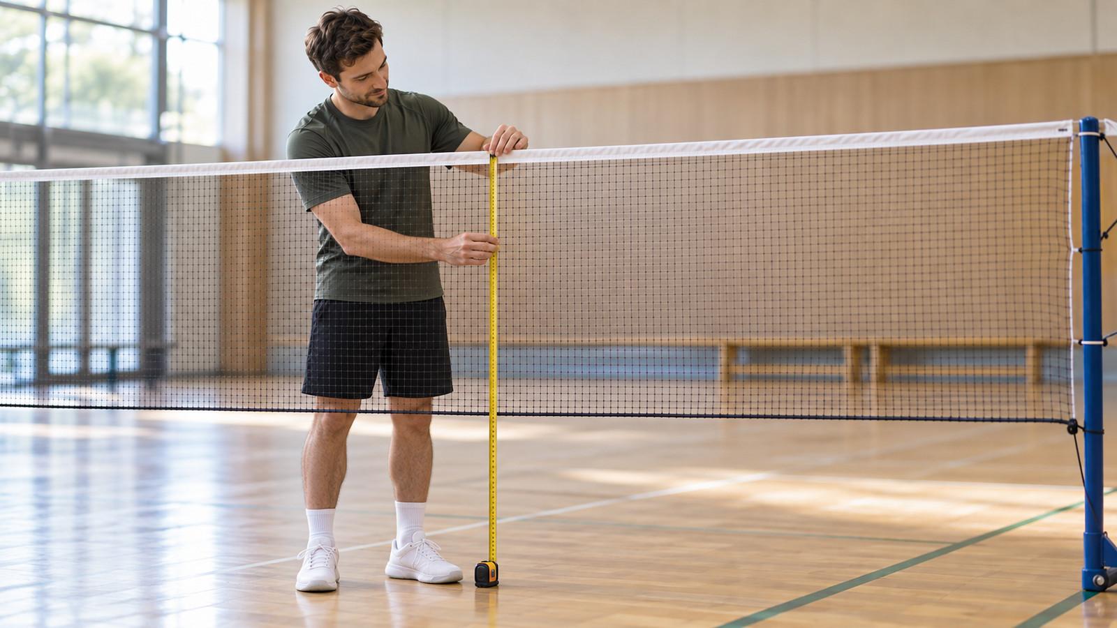 Badmintonnetz in der Halle mit Maßband an der Oberkante in der Feldmitte