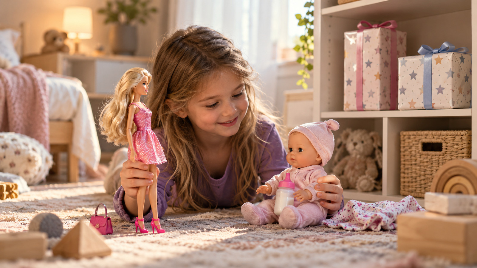 Modepuppe und Babypuppe nebeneinander auf dem Kinderzimmerboden