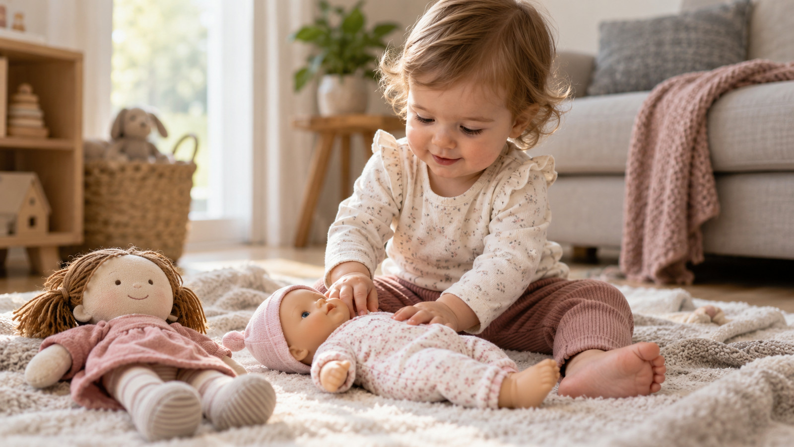 Leichte Stoffpuppe und kleine Babypuppe auf einer Decke neben einem Kleinkind