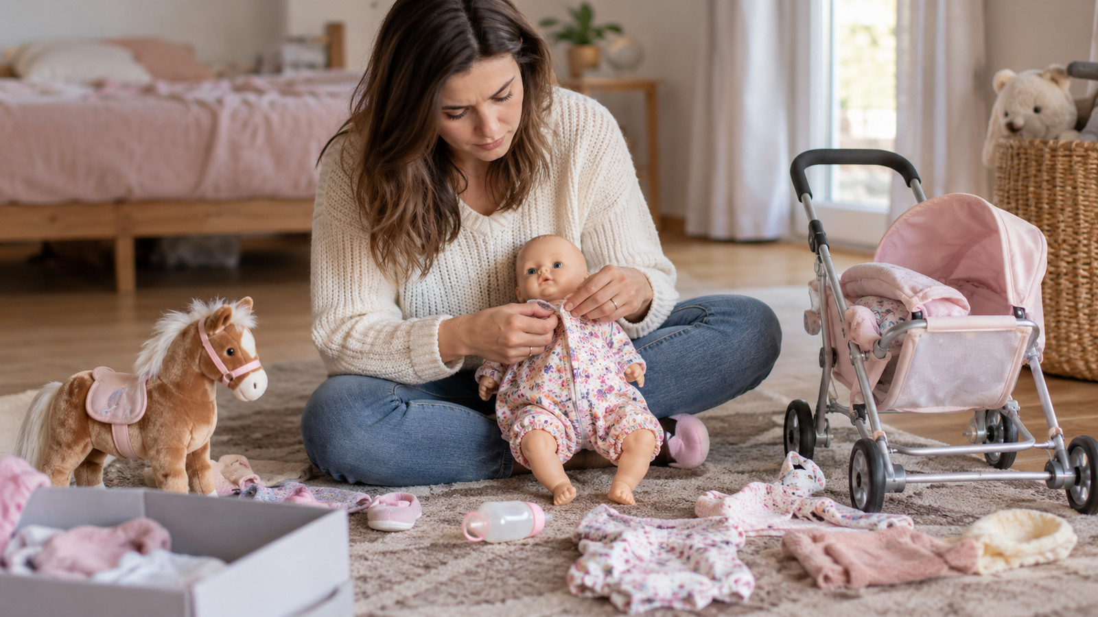 Babypuppe mit zu enger Kleidung und unpassendem Zubehör auf dem Boden
