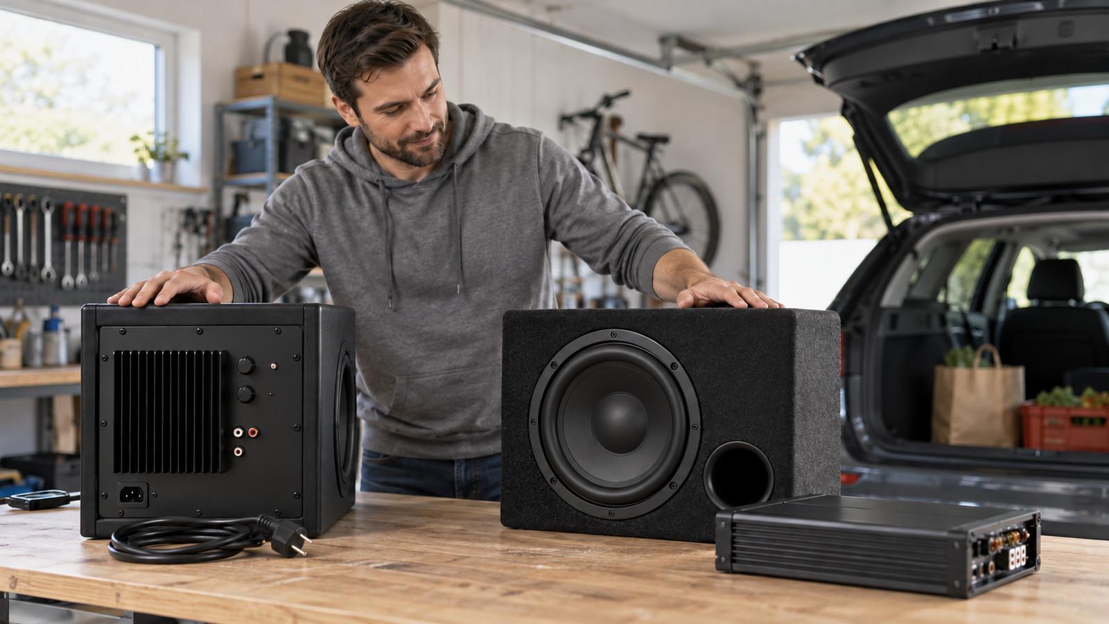 Aktivsubwoofer mit Netzkabel neben einem passiven Gehäuse und einer separaten Endstufe