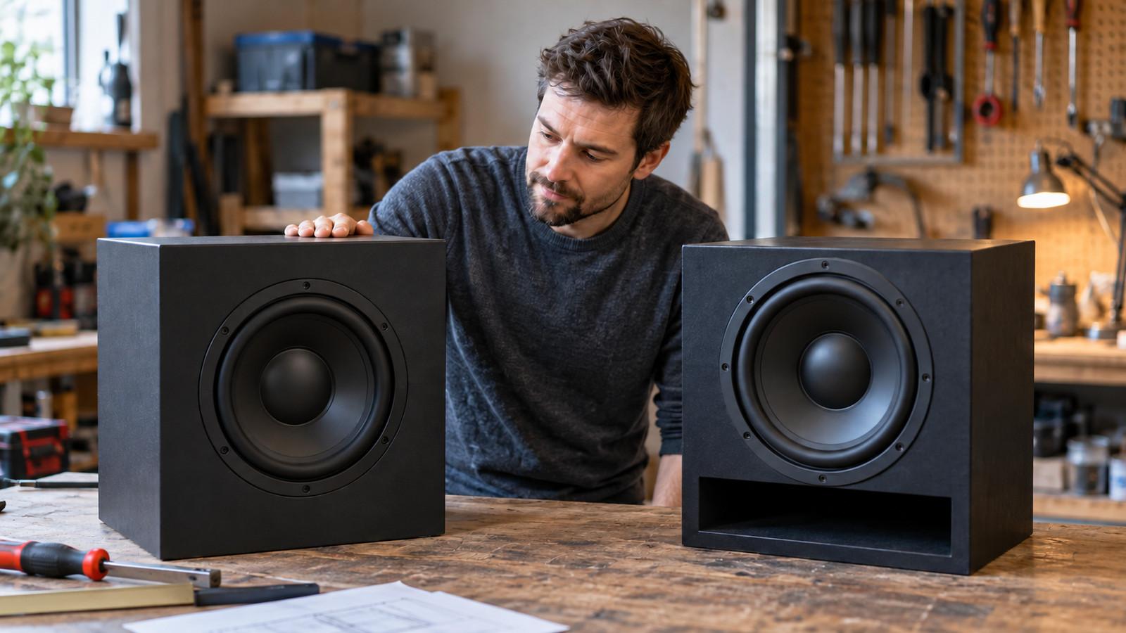 Geschlossenes Subwoofer-Gehäuse und Bassreflexbox mit sichtbarem Port im Vergleich