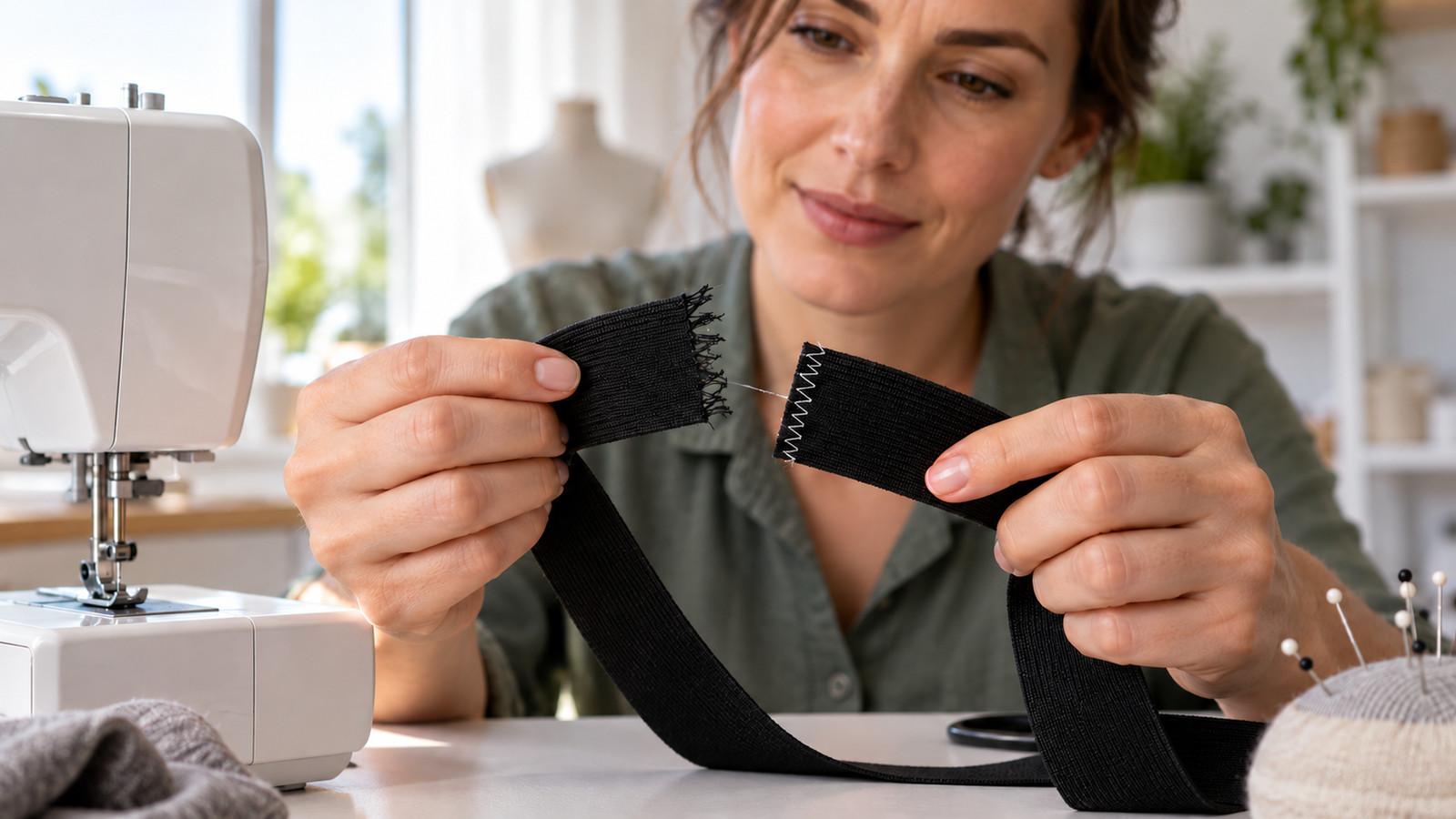Breites schwarzes Gummiband mit ausgefranster Schnittkante neben einer Zickzacknaht