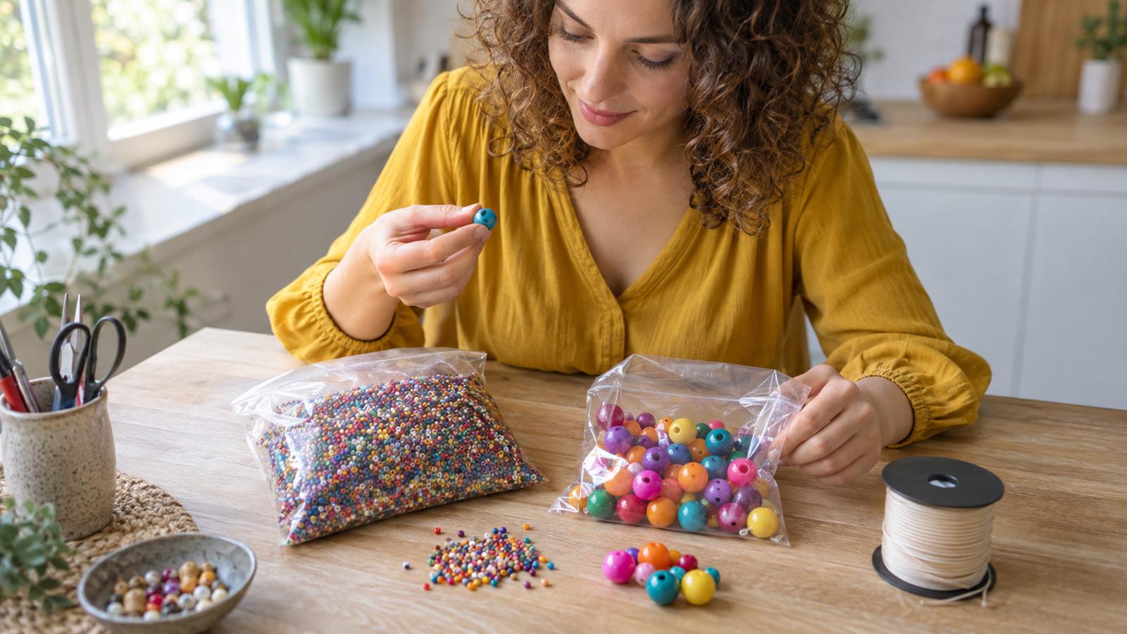 Perlentüten, eine Schnurrolle und lose Acrylperlen auf einem Küchentisch