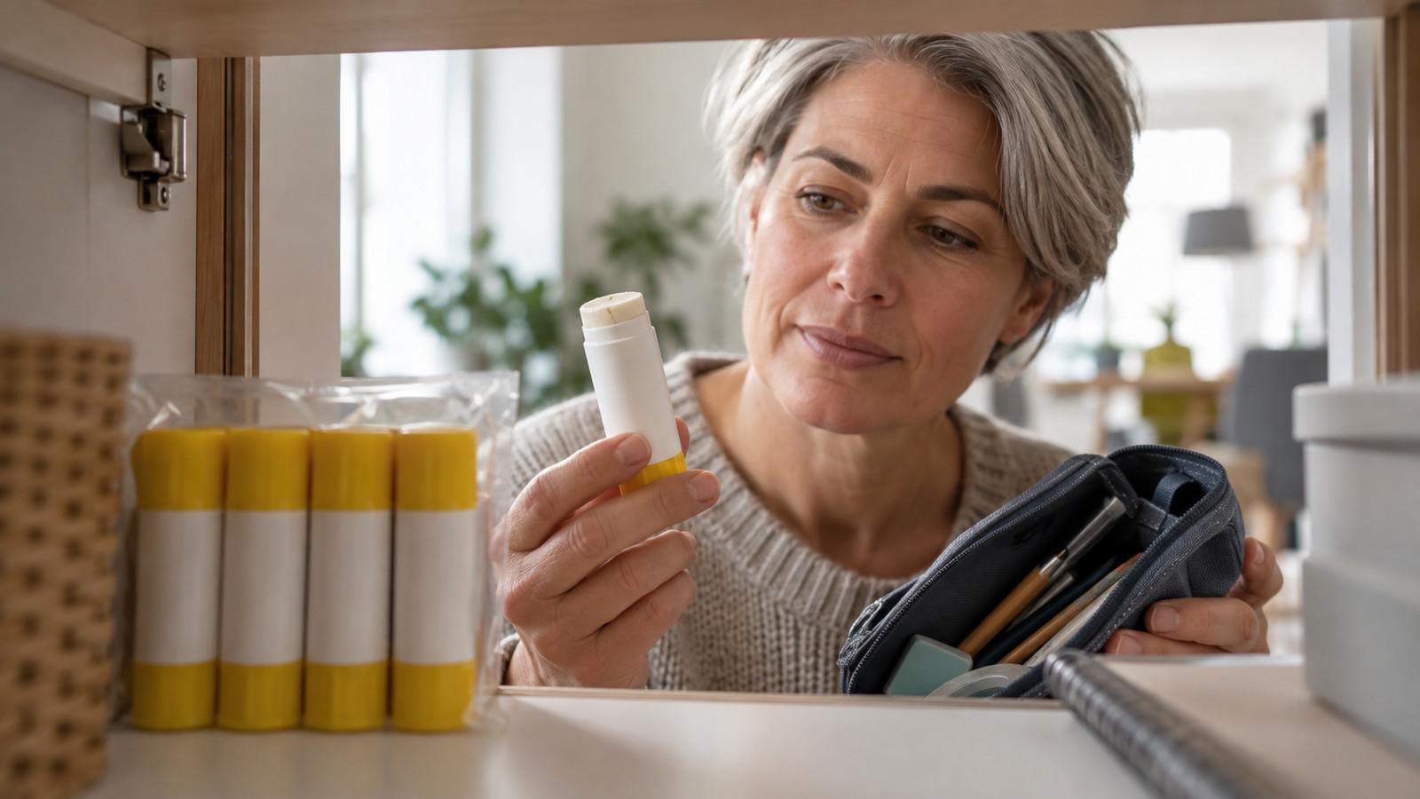 Geschlossenes Klebestift-Multipack im Schrank neben einem harten Stift aus dem Mäppchen