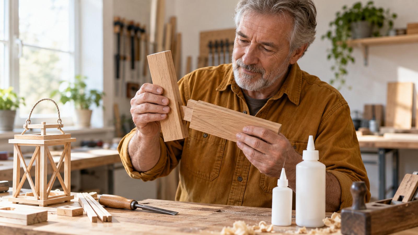 Holzstäbchen einer Laterne neben einer Fensterkantel und zwei weißen Kleberflaschen