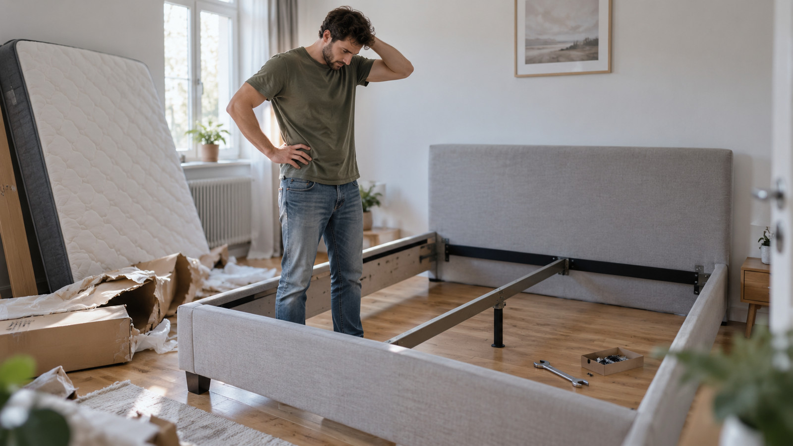 Bettgestell mit Mittelholm und Schraubenschlüssel während des Aufbaus im Schlafzimmer