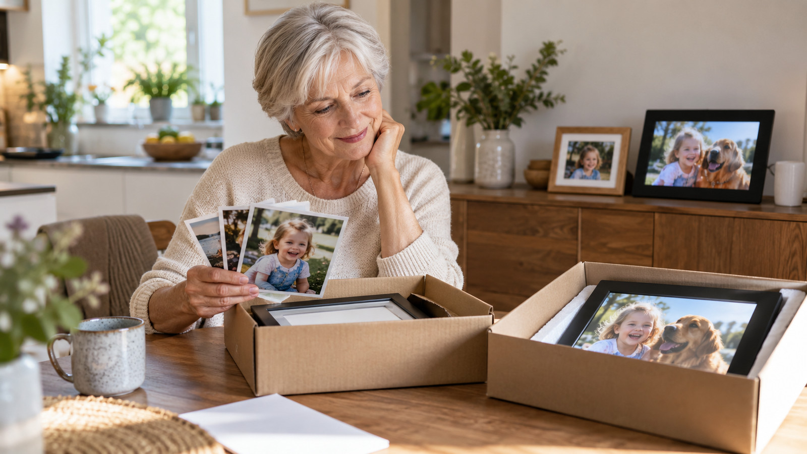 Digitaler Bilderrahmen neben einem klassischen Fotorahmen mit Papierabzug auf einem Sideboard