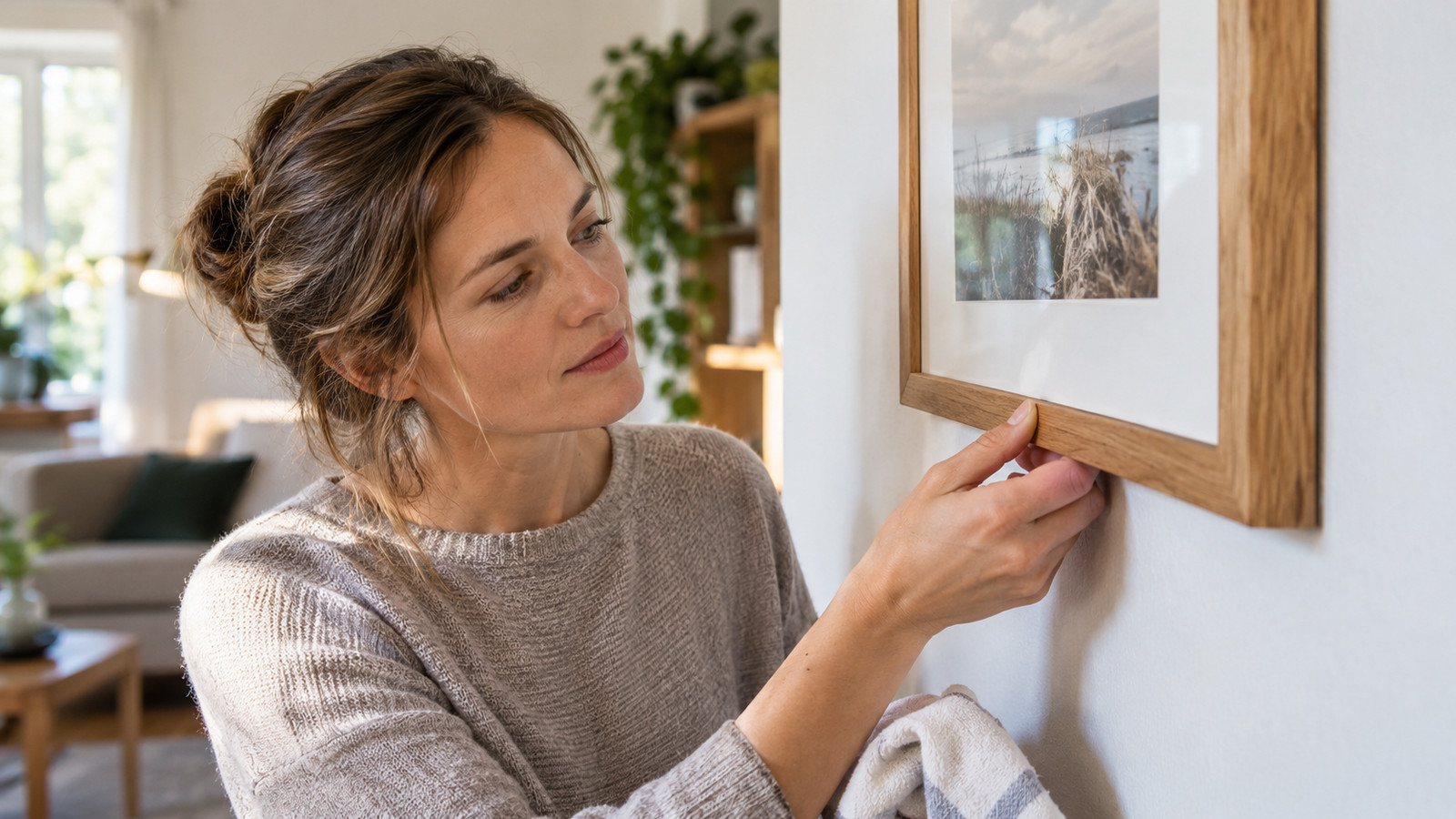 Holzbilderrahmen an einer trockenen Wohnzimmerwand, Leiste und Glas ohne Feuchtespuren