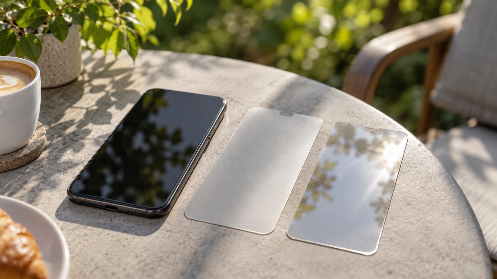 Smartphone in der Sonne, matte und klare Schutzfolie nebeneinander auf dem Tisch
