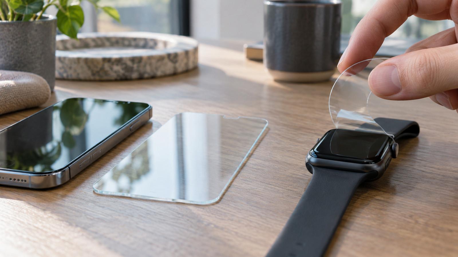 Starres Panzerglas neben einer flexiblen Schutzfolie auf Smartphone und Apple Watch