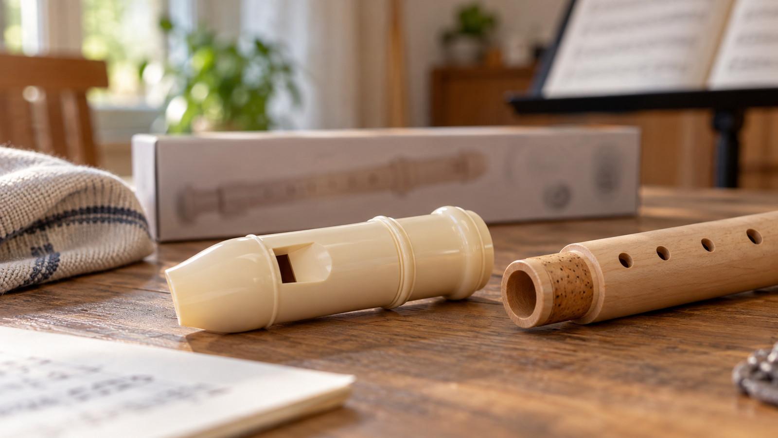 Kunststoff-Mundstück einer Sopranblockflöte neben dem Ahorn-Unterstück und einem CE-Zeichen auf der Verpackung