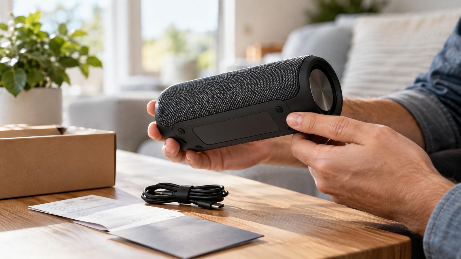 Bluetooth-Box mit CE-Zeichen neben Rechnung, Garantiekarte und Ladekabel