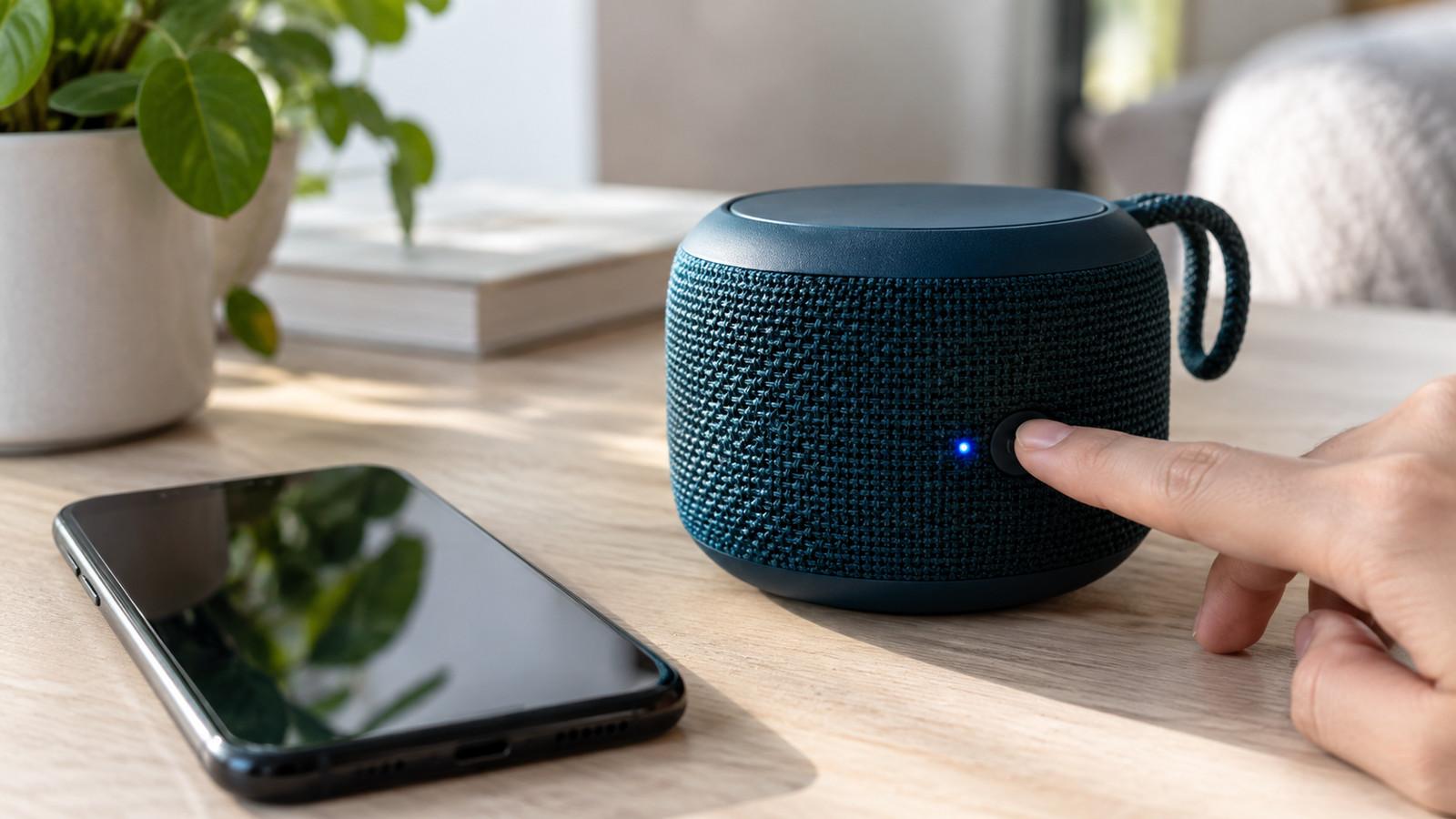 Smartphone neben einer Bluetooth-Box mit blinkender Pairing-Leuchte