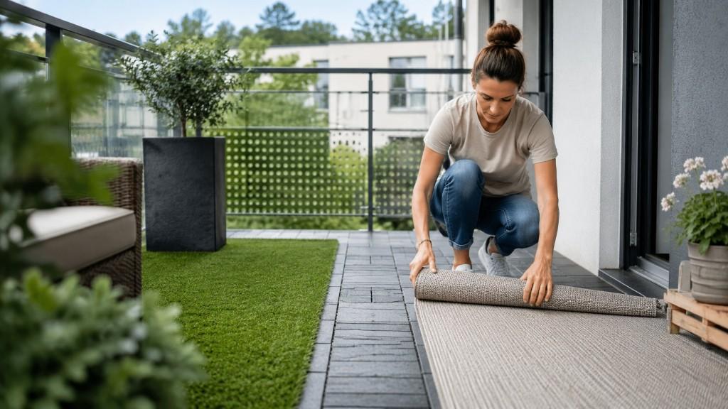 Balkon mit Kunstrasenstück, Outdoor-Teppich und Gummimatte nebeneinander auf Fliesen