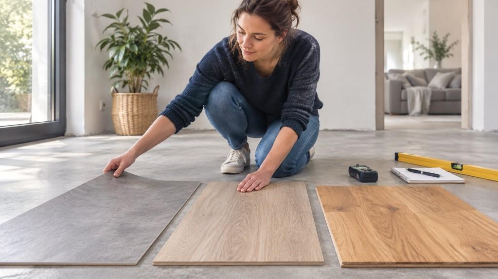 Drei Bodenmuster Vinyl, Laminat und Parkett nebeneinander auf Estrich