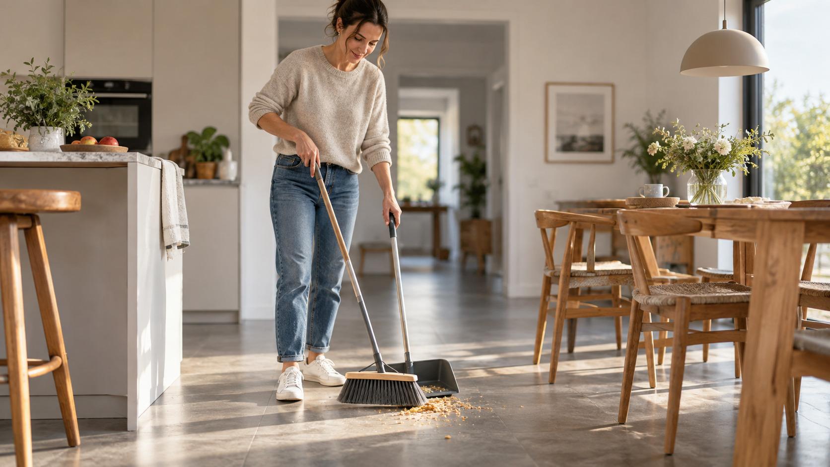 Besen und Kehrschaufel: Trockenjob vor dem Wischen