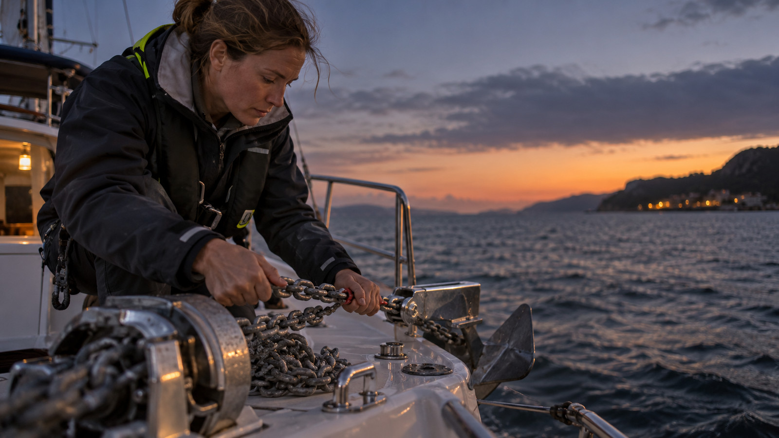 Crew zählt Markierungen an der Ankerkette beim Ausbringen