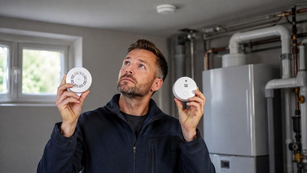 Rauchwarnmelder an der Decke und Kohlenmonoxidmelder an der Wand – zwei Geräte für zwei Gefahren