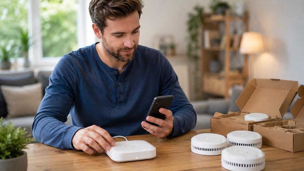Smart-Home-Rauchmelder mit Basisstation und Smartphone-App bei der Einrichtung