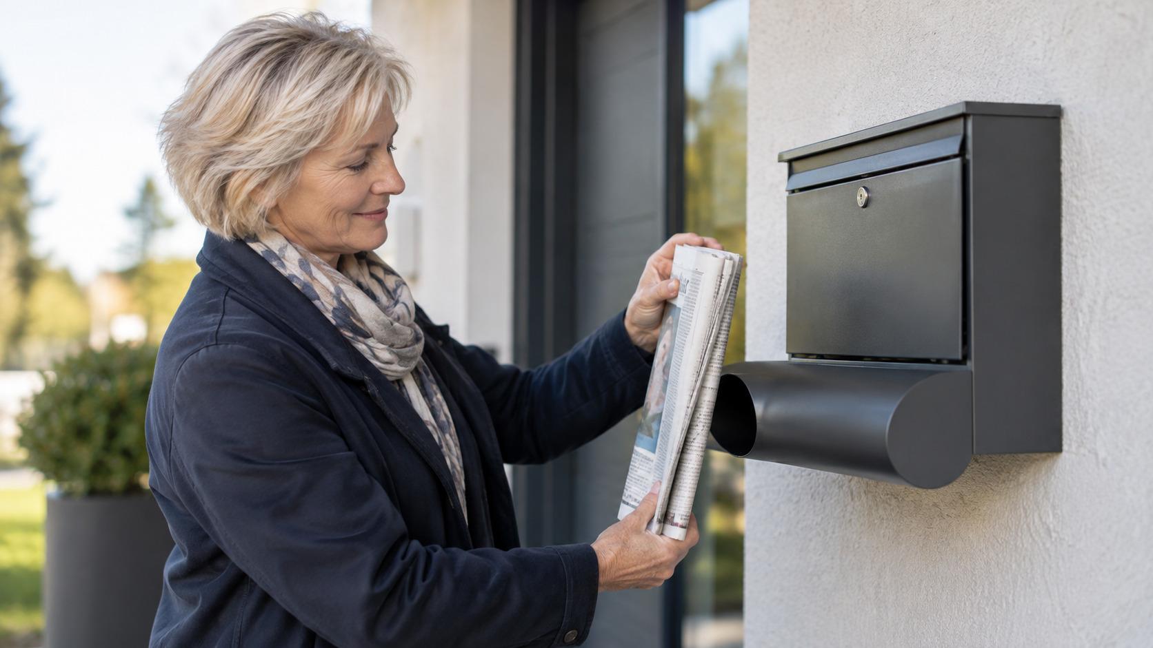 Person hält eine gefaltete Tageszeitung an eine offene Zeitungsrolle neben einem Wandbriefkasten