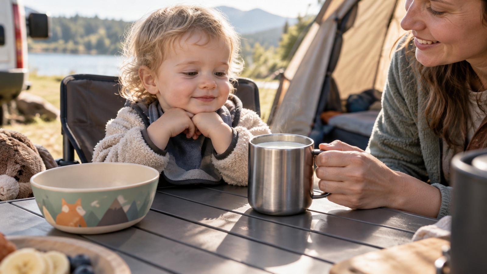Heiße Milch und Kindergeschirr auf dem Platz