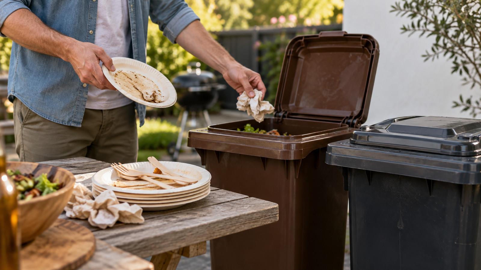 Gebrauchte Pappteller, Holzbesteck und Servietten neben Restmülltonne und Biotonne nach einem Grillabend