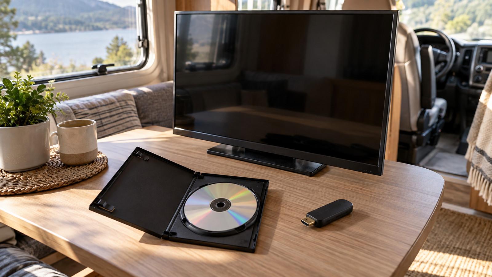 Camping-Fernseher mit DVD-Hülle und HDMI-Stick auf dem Tisch im Wohnmobil