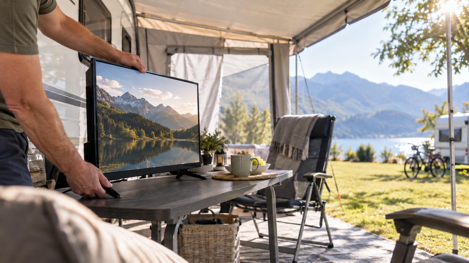 Camping-Fernseher im Vorzelt bei Tageslicht, die Scheibe von der Sonne weggedreht