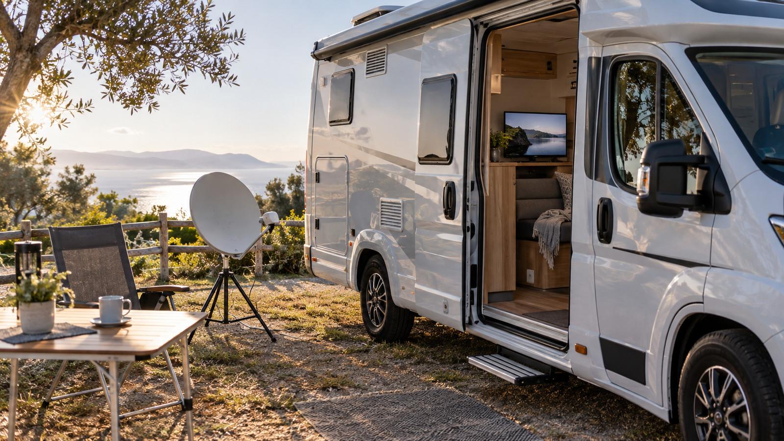 Wohnmobil auf einem Stellplatz mit Satellitenschüssel und Fernseher im Innenraum