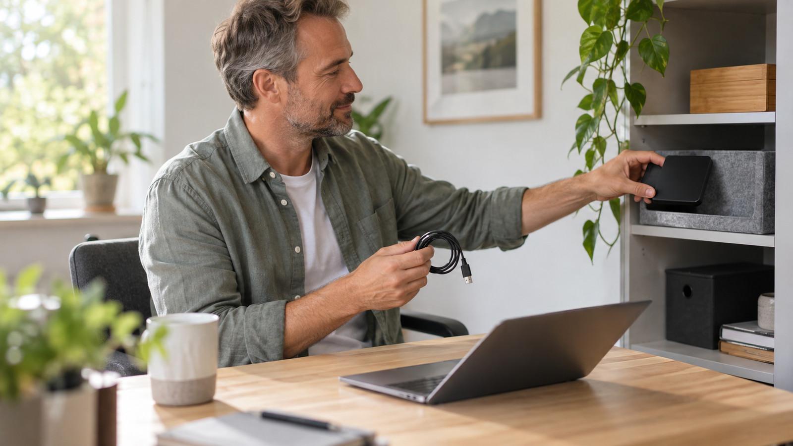 Externe Festplatte neben einem Laptop, nach dem Backup vom USB getrennt und in einem Schrank verstaut