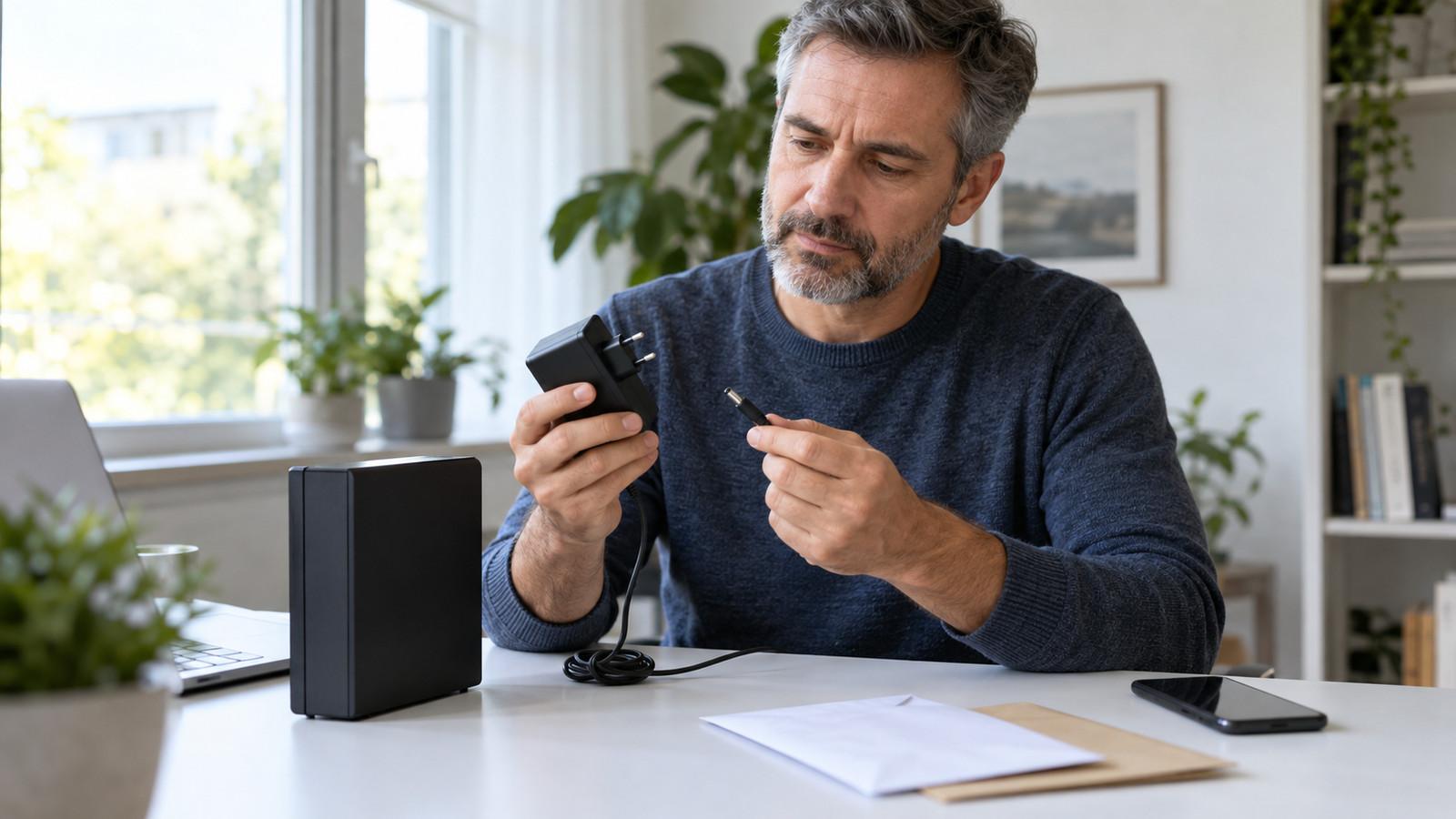 Festplattengehäuse mit externem Netzteil und Kaufbeleg auf dem Schreibtisch