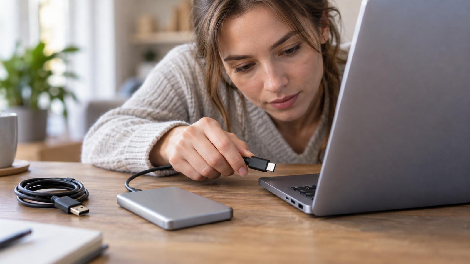 USB-C-Festplattengehäuse mit Kabel an einem Laptop, Datenübertragung im Hintergrund