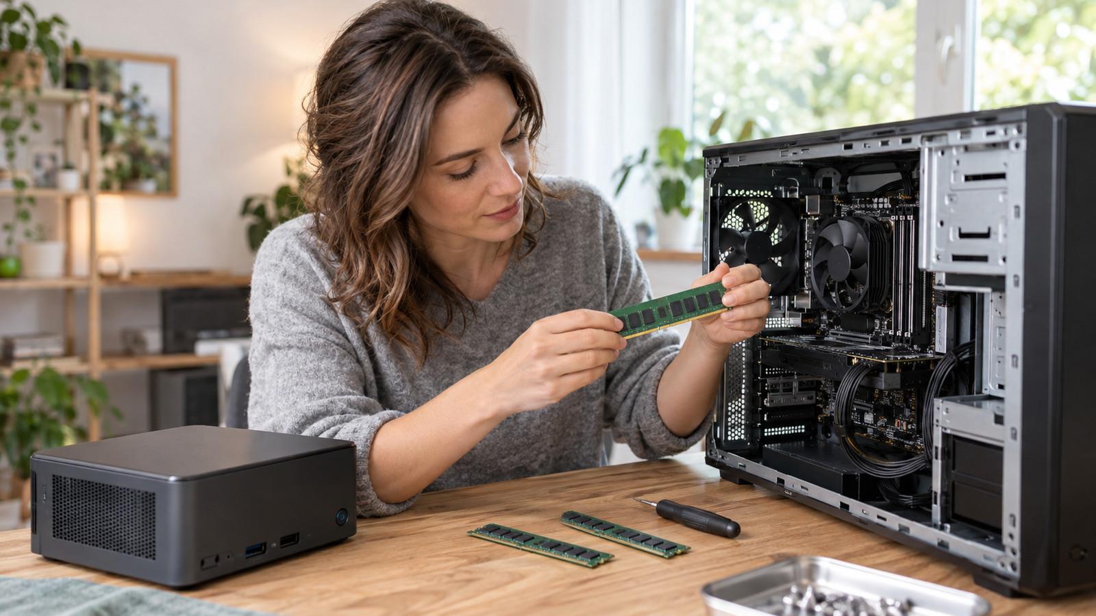 Arbeitsspeichermodule neben einem Desktop-Tower und einem kompakten Mini-PC