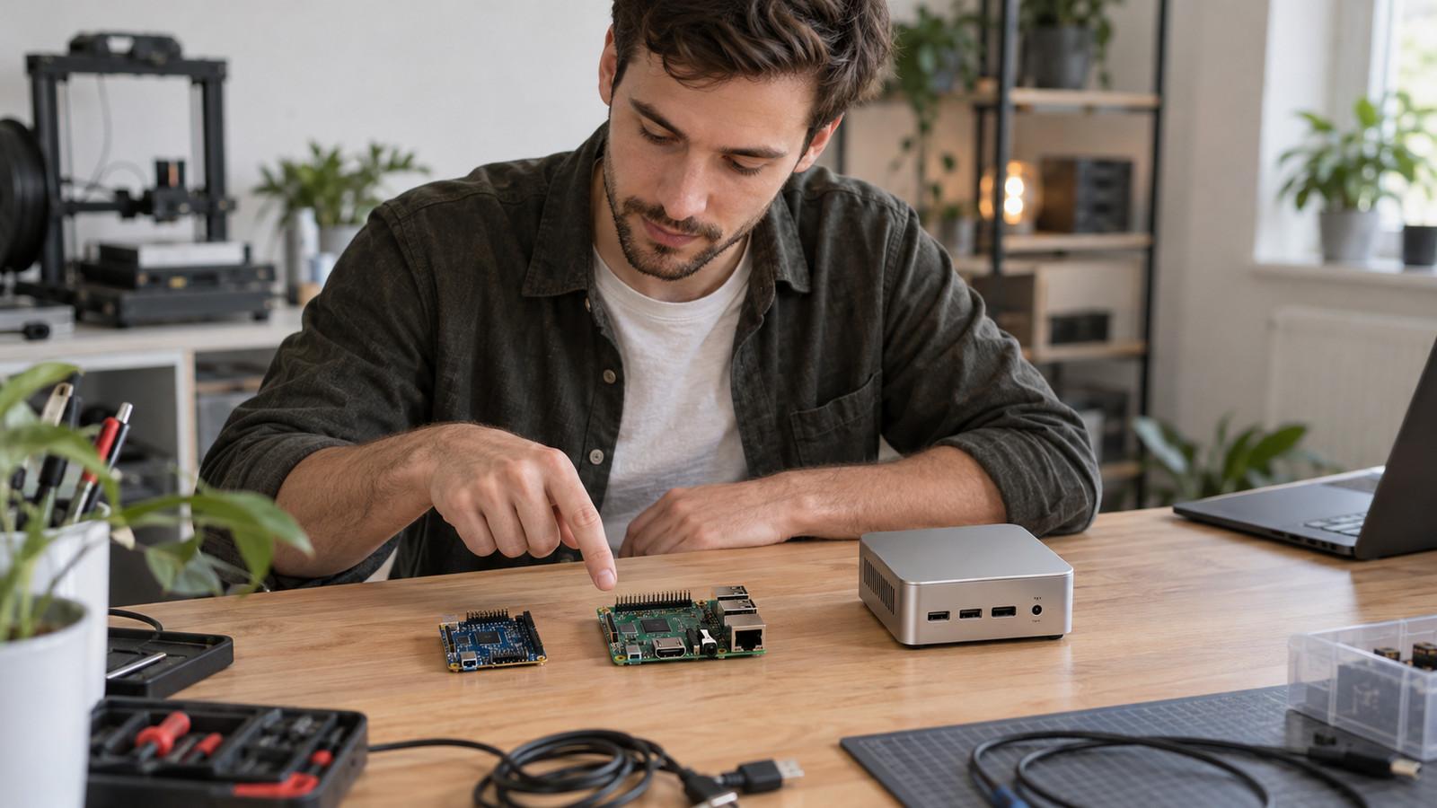 Arduino-Board, Raspberry Pi und kleiner Mini-PC nebeneinander auf einer Werkbank