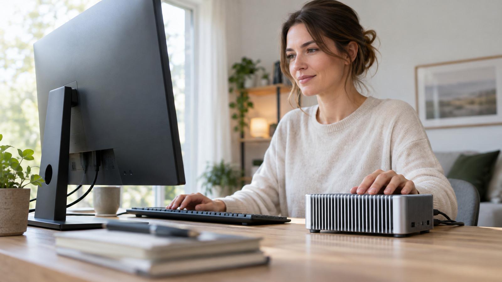 Lüfterloser Mini-PC mit Metallrippen auf einem offenen Schreibtisch neben einem Monitor