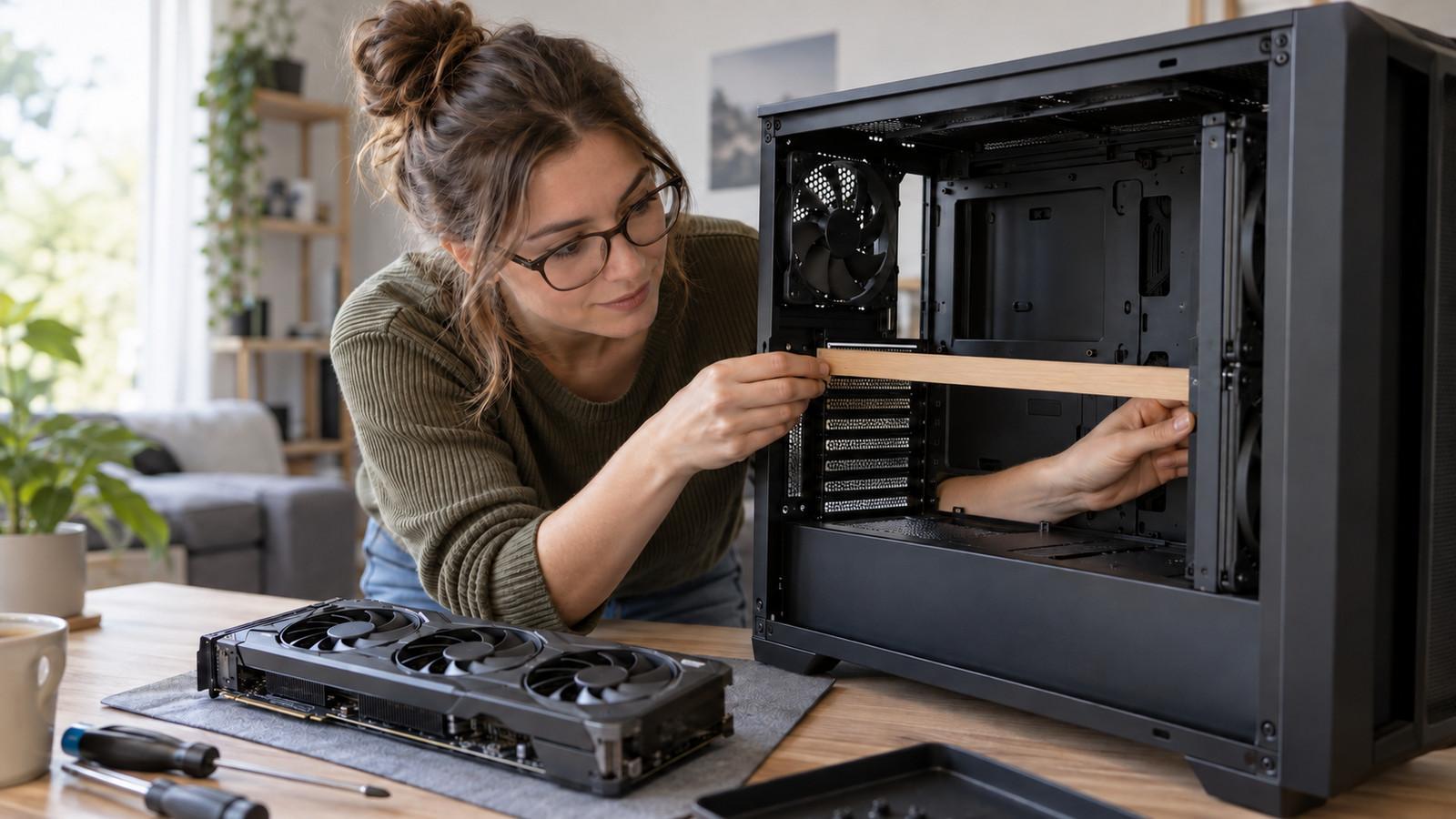 Zollstock an der Slotleiste eines PC-Gehäuses zur Messung der GPU-Freigabe